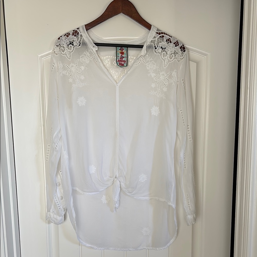 Johnny‎ Was White Embroidered Cupra Rayon Lightweight Sheer Blouse Women’s Small